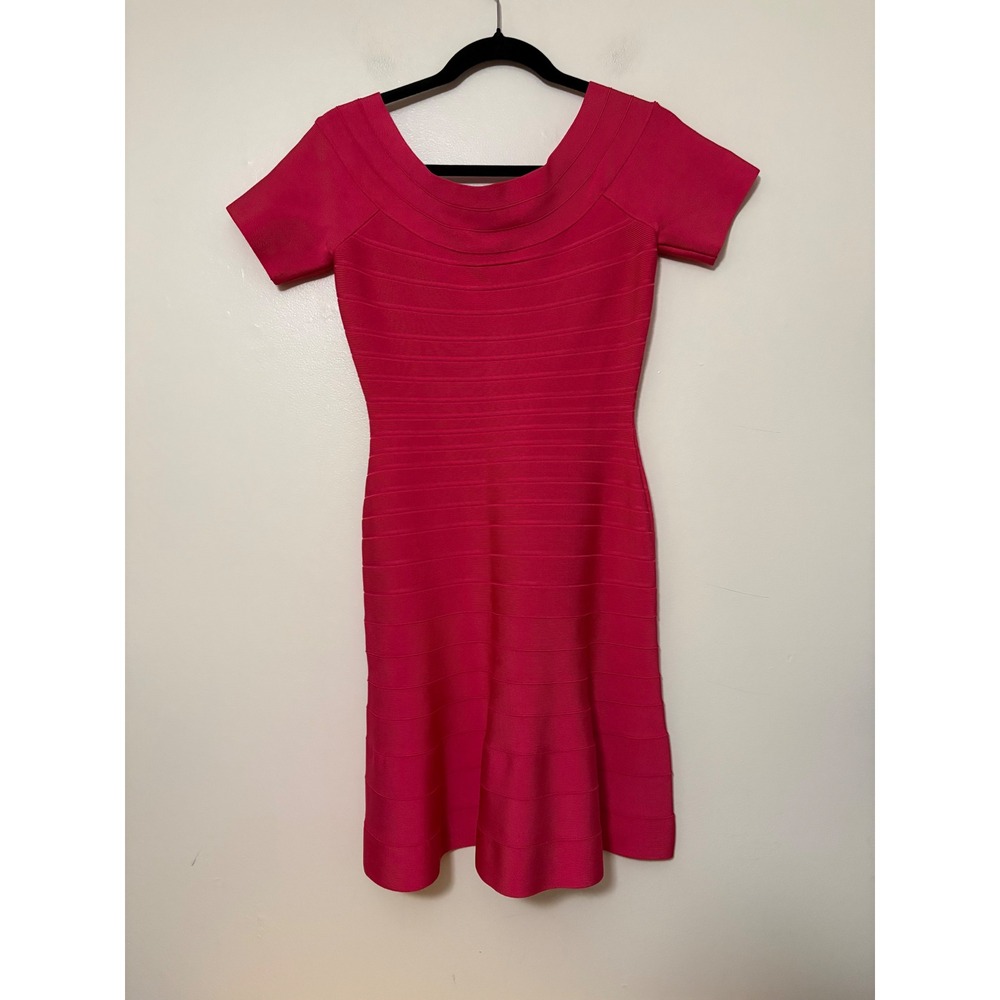 Herve Leger Liza Bandage Dress Pink Off Shoulder Flare Hem Size M